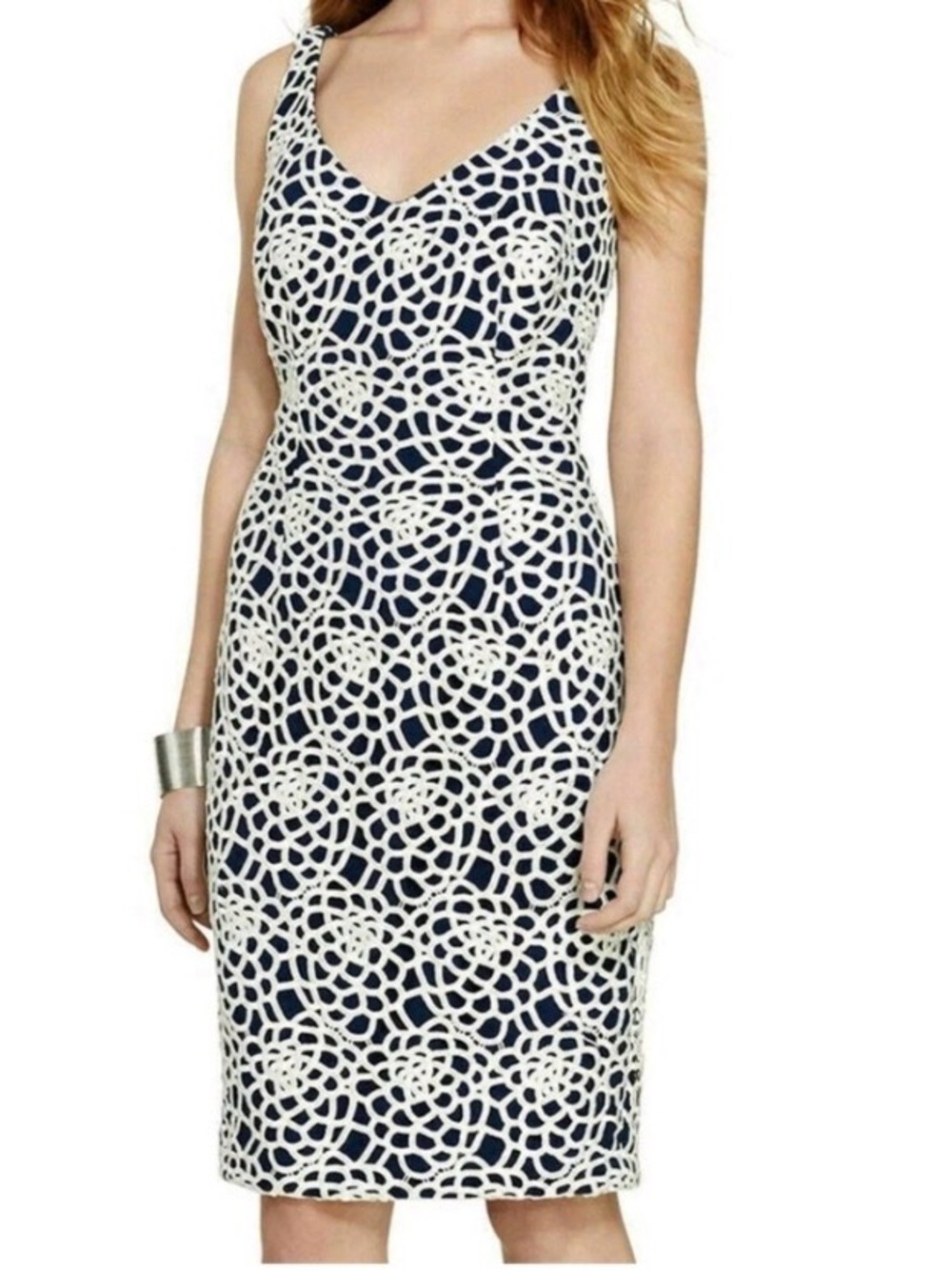 NWT New Ralph Lauren Navy Sheath Dress White Sheer Crochet Lace Embroidered 10